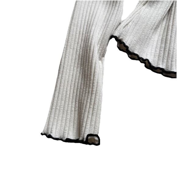 Mango MNG Ribbed Long Sleeve T-Shirt Cream Black Lettuce Edge Trim Mock Neck XS - Picture 6 of 13